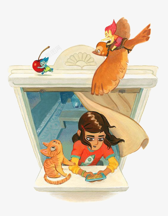 窗口的女孩png免抠素材_新图网 https://ixintu.com 卡通 女孩 手绘 拟人 插画 猫咪 童话 绘本 老鼠