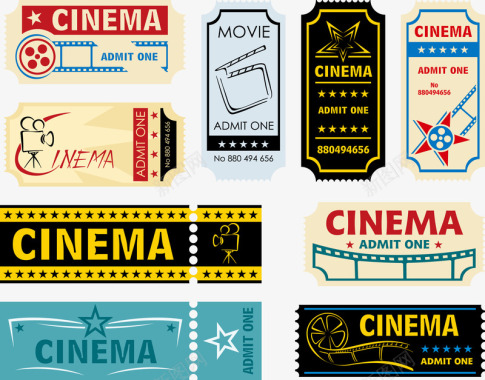 漂浮各式电影票图标图标