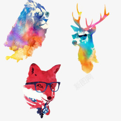 动物戴眼镜趣味水彩画素材