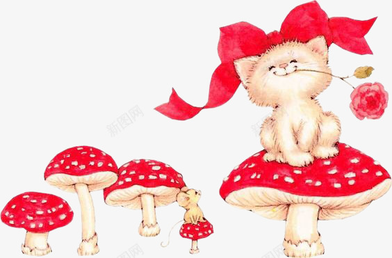 可愛貓咪坐在蘑菇上png免抠素材_新图网 https://ixintu.com 可爱 猫咪 红色 蘑菇