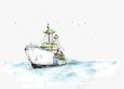 大海海欧手绘水彩画海上轮船高清图片