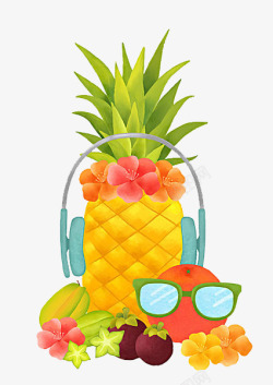 橘色耳机戴耳机的菠萝高清图片