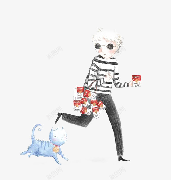遛猫的人png免抠素材_新图网 https://ixintu.com 卡通 女人 手绘 插画 猫咪 蓝色 跑步