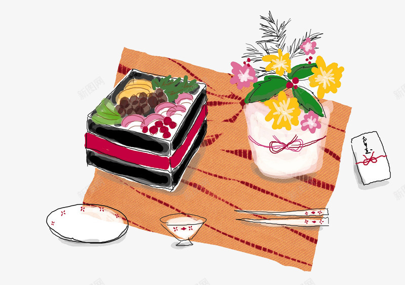 食物桌布png免抠素材_新图网 https://ixintu.com 插画 美食 花朵 餐具