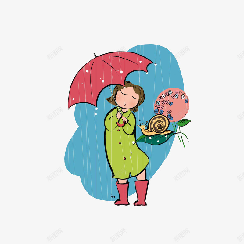 卡通雨中撑伞的女孩png免抠素材_新图网 https://ixintu.com 卡通女孩 卡通遮挡 蜗牛 雨中撑伞 雨伞遮雨