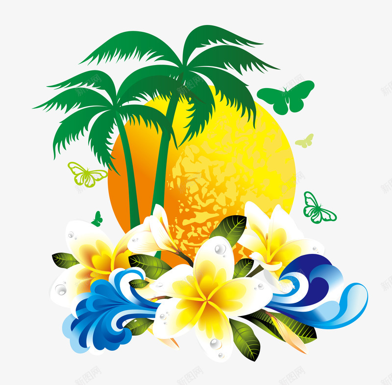 热带椰子树绚烂花朵png免抠素材_新图网 https://ixintu.com 椰子树 绚烂花朵 蝴蝶