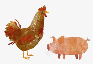 鸡和小猪png免抠素材_新图网 https://ixintu.com 动物 卡通 复古 小猪 手绘 插画 水彩 鸡
