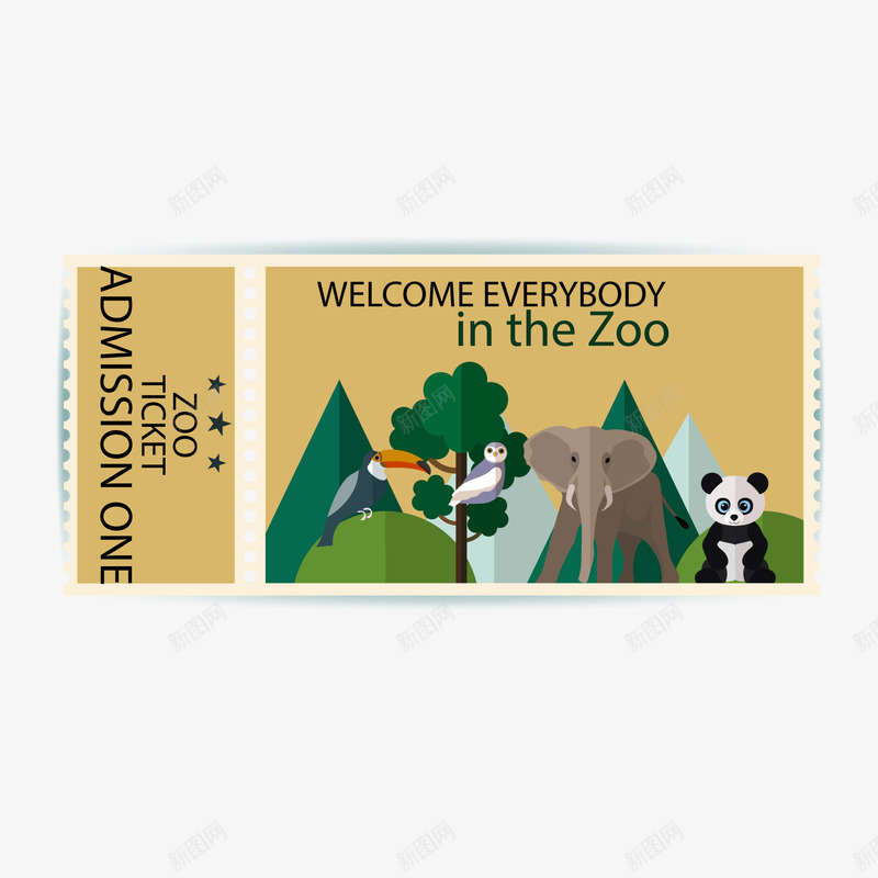 卡通创意动物园门票png免抠素材_新图网 https://ixintu.com 动物 动物园 卡通 参观 扁平化 熊猫 门票设计