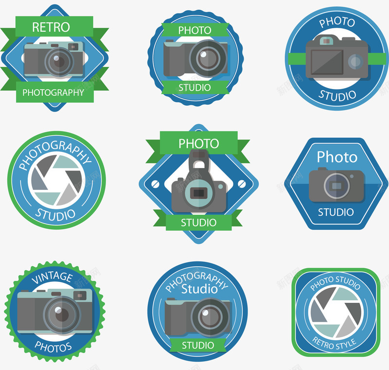 相机徽章png免抠素材_新图网 https://ixintu.com 圆形 相机标志 蓝色 飘带