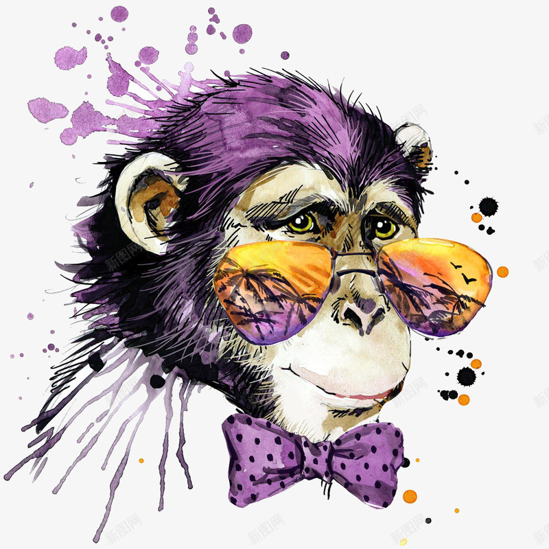 手绘水彩紫色戴眼镜的猴子png免抠素材_新图网 https://ixintu.com 手绘卡通 猴子 猴子图片 眼镜 紫色