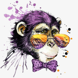 手绘水彩紫色戴眼镜的猴子素材