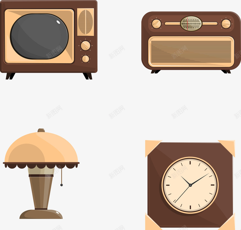 复古电器矢量图ai免抠素材_新图网 https://ixintu.com 台灯 复古 收音机 电器 电视机 钟 矢量图