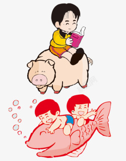 坐在西瓜上的猪坐猪上的小女孩高清图片