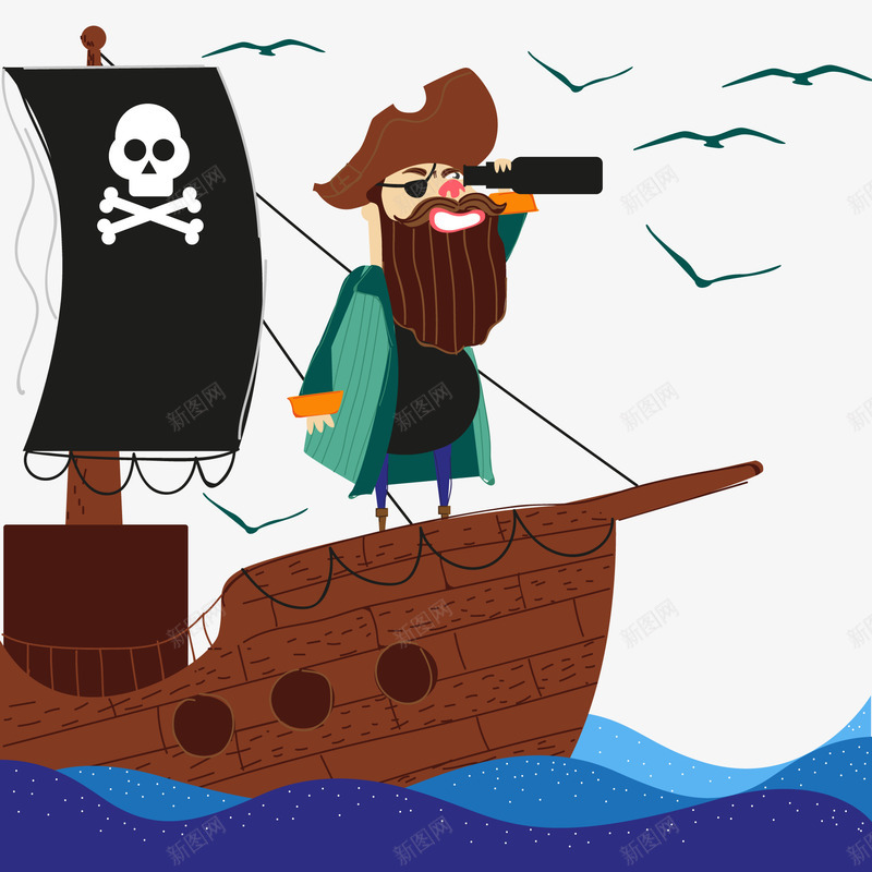 创意大海上的海盗船长矢量图ai免抠素材_新图网 https://ixintu.com 人物设计 创意 卡通 大海 扁平化 海盗船长 矢量图