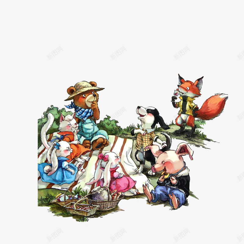 卡通郊游聚餐的小动物们png免抠素材_新图网 https://ixintu.com 卡通 卡通小动物 喝酒的狐狸 开心的小猪 表演的小狗 郊游野餐