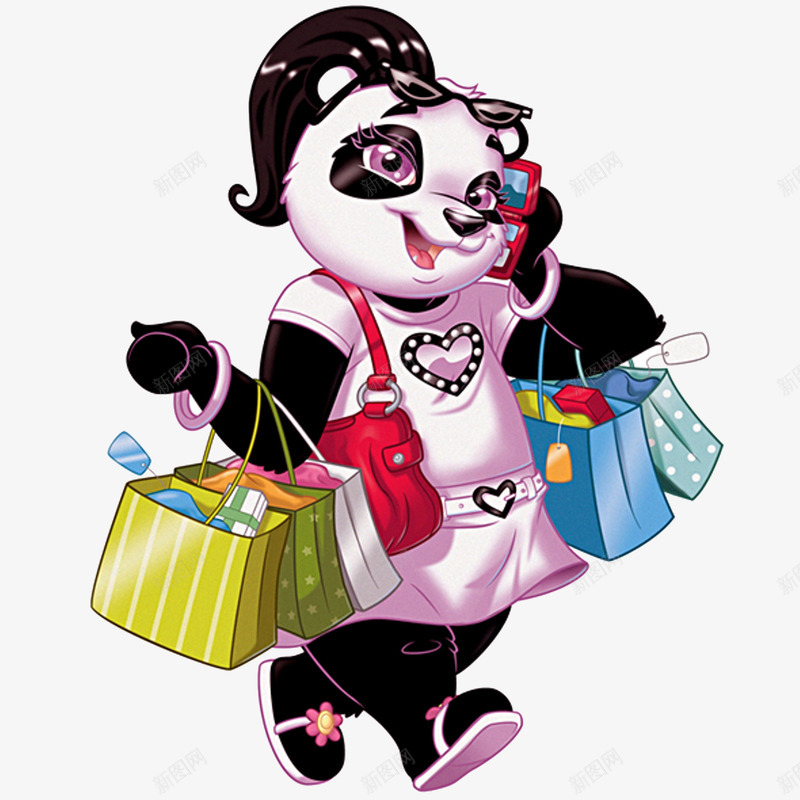 购物达人熊猫妈妈png免抠素材_新图网 https://ixintu.com 卡通画 大熊猫 打电话 礼物袋 购物 靓妈