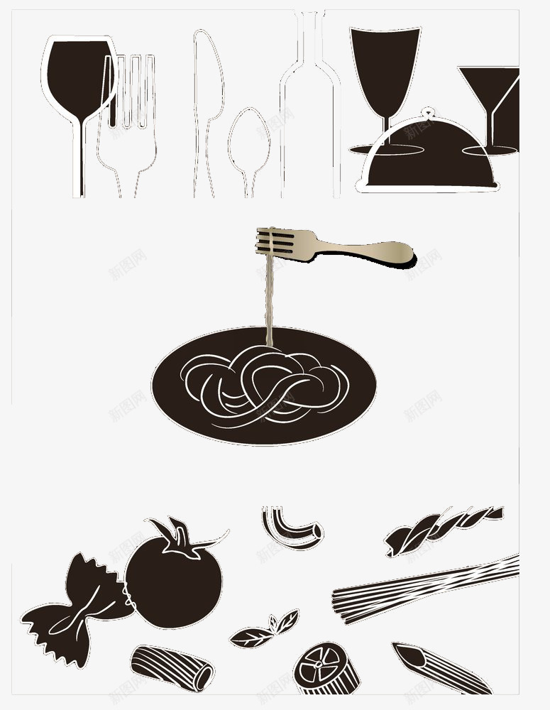 黑白食物餐具卡通画psd免抠素材_新图网 https://ixintu.com 卡通 食物 餐具 黑白