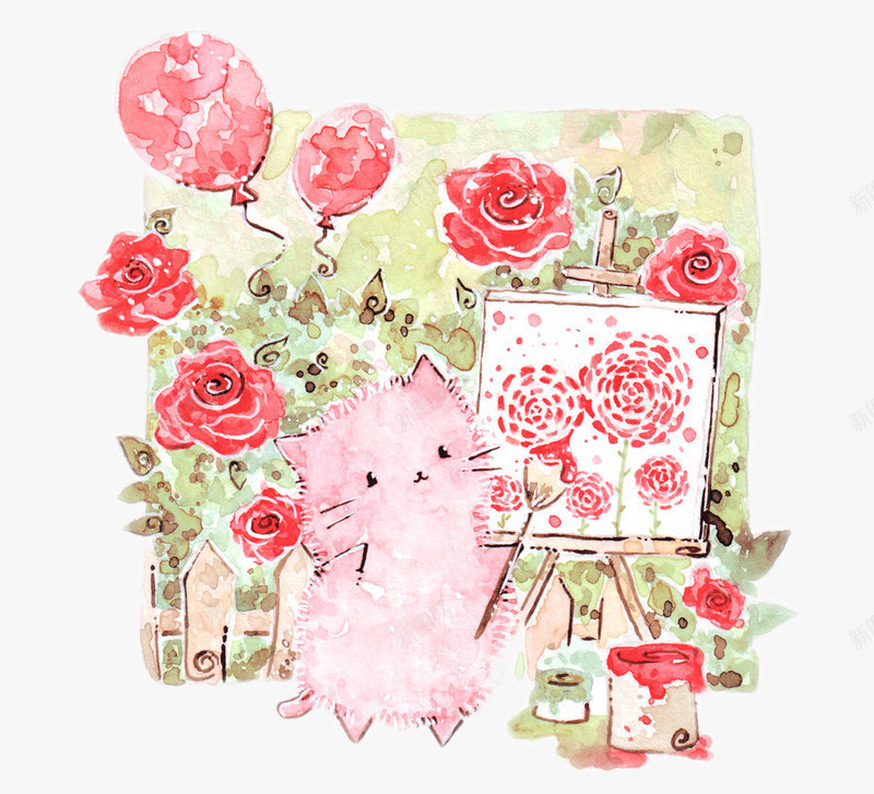 可爱的粉色猫咪和红色玫瑰花png免抠素材_新图网 https://ixintu.com 写生 猫咪 玫瑰 粉红 花园