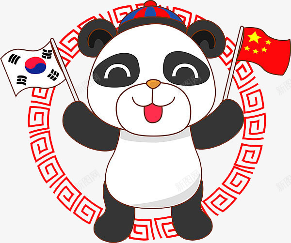卡通拿着旗子的熊猫png免抠素材_新图网 https://ixintu.com 两个旗子 卡通 拿着旗子 的熊猫 站立的熊猫 红色花边