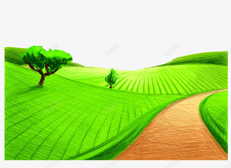 自然绿色png免抠素材_新图网 https://ixintu.com 山路 山路蜿蜒 彩铅 树林 绘画 装饰 阳光