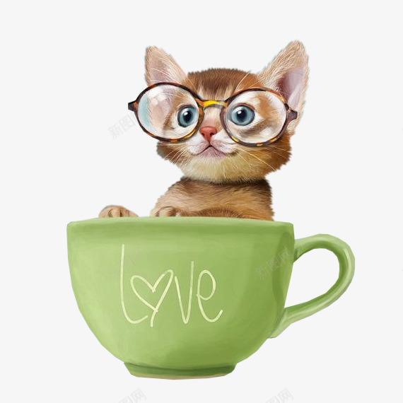 可爱茶杯猫png免抠素材_新图网 https://ixintu.com 宠物 杯子 猫咪 眼镜 绿色 茶杯