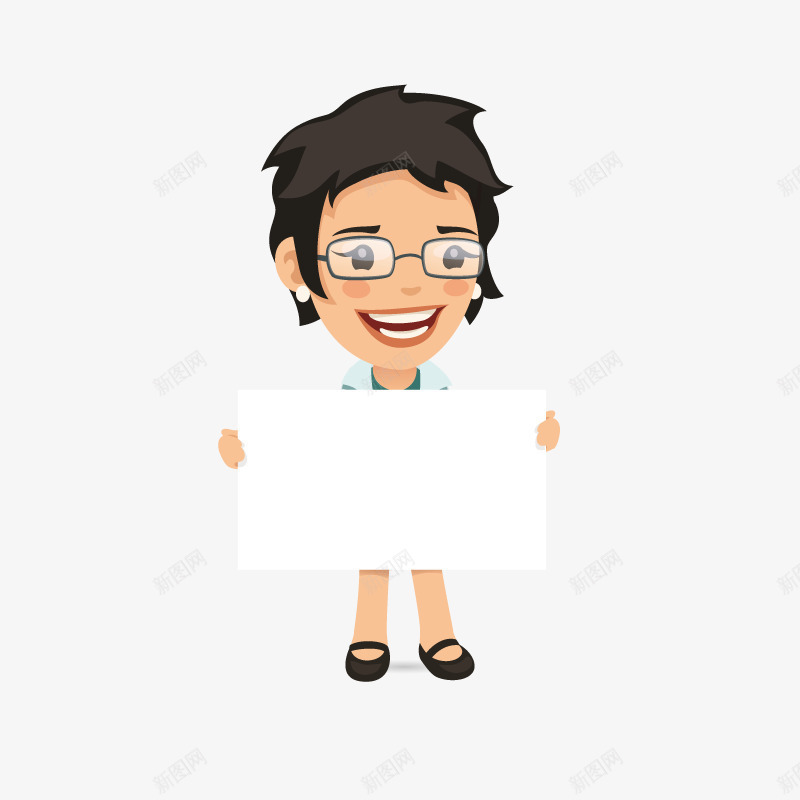 拿着白色条幅的女人png免抠素材_新图网 https://ixintu.com 人物 卡通 开心的 白色条幅 眼镜 短发女人 表情
