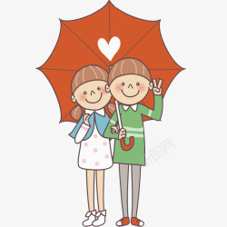 卡通打着伞的情侣图素材