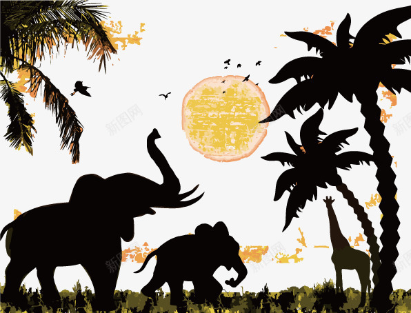 自然世界png免抠素材_新图网 https://ixintu.com 卡通动漫世界 夕阳 大象 椰树 热带 长颈鹿 鸟