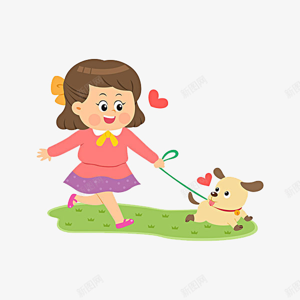 牵着小狗的女孩png免抠素材_新图网 https://ixintu.com 卡通 可爱的 小女孩 小狗 漂亮的 简笔 红心 绿地
