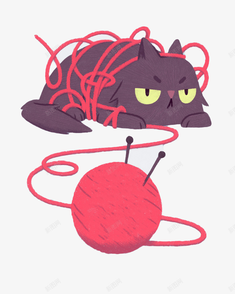 线团和猫咪png免抠素材_新图网 https://ixintu.com 一只 卡通 手绘 毛线 猫咪 红色 线团 黑色