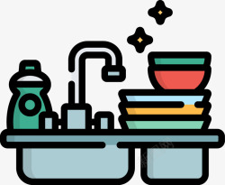 手绘小碗厨房水池和餐具简图高清图片