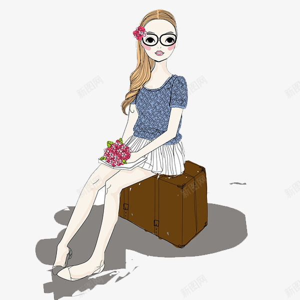 戴眼镜的女孩png免抠素材_新图网 https://ixintu.com 坐在行李箱上的女孩插画 戴眼镜的女孩 花
