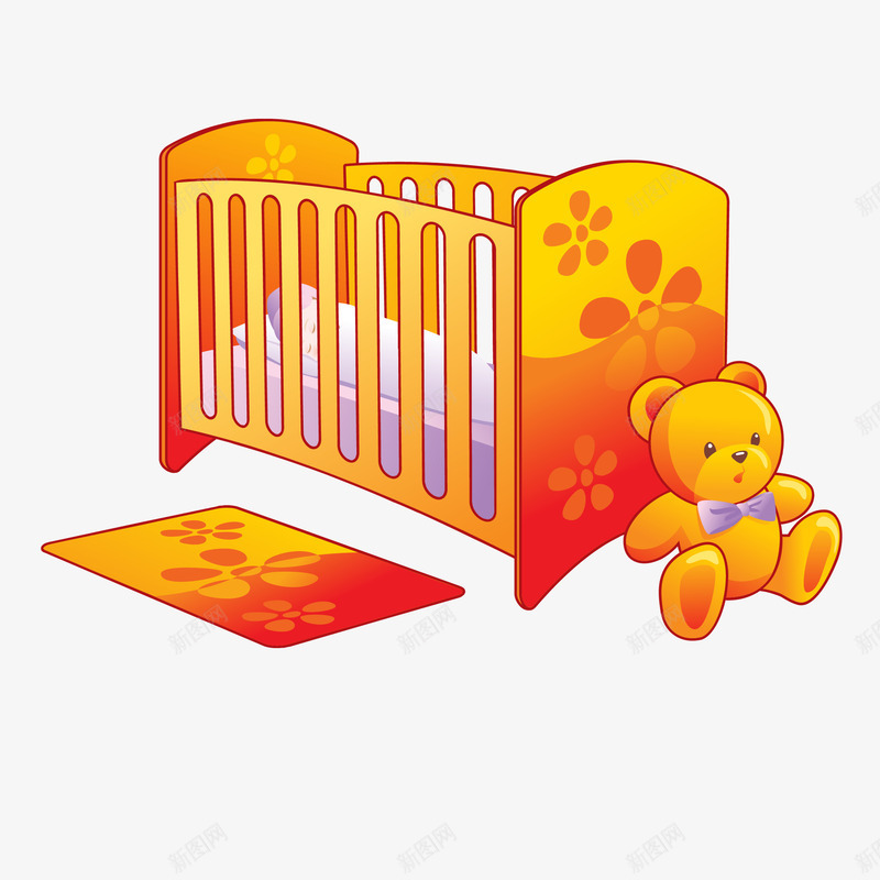婴儿床png免抠素材_新图网 https://ixintu.com 卡通熊 婴儿床 婴儿床俯视图 橘色