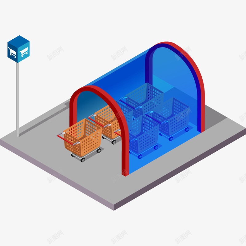 购物车区png免抠素材_新图网 https://ixintu.com 卡通 手绘 橘色 简图 蓝色 购物车 车棚