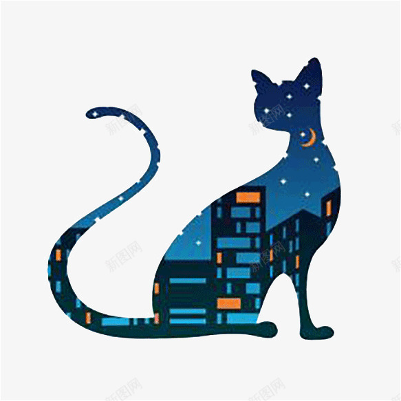 城市中的猫png免抠素材_新图网 https://ixintu.com 城市 猫咪 蓝色 黑夜