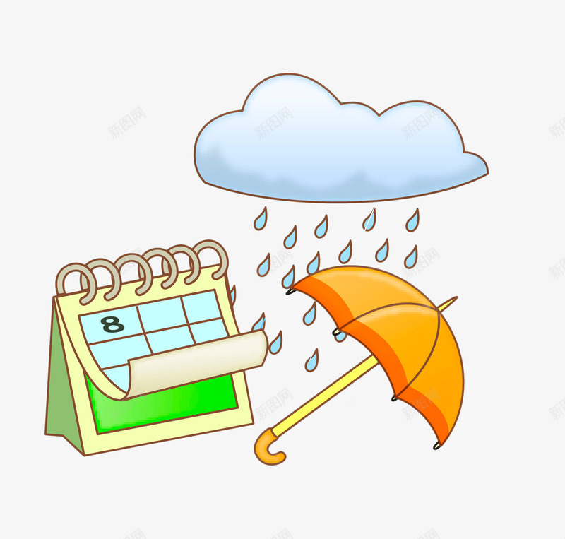 手绘下雨天png免抠素材_新图网 https://ixintu.com 下雨 乌云 卡通雨点 彩色 手绘 日历 雨伞 雨水 雨滴