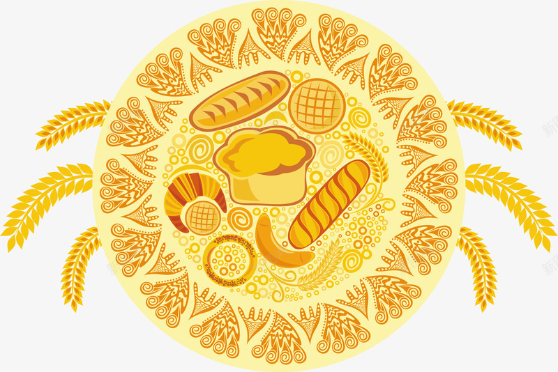 手绘面包png免抠素材_新图网 https://ixintu.com 小麦 手绘面包 金色底纹 面包