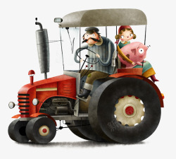卡通开拖拉机的大叔抱着猪的小女素材