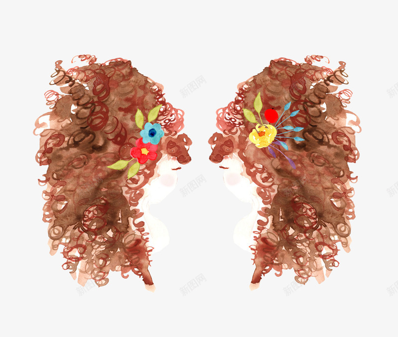 棕色假发png免抠素材_新图网 https://ixintu.com 两个 假发 卡通 手绘 棕色 橘色 花朵 黄色