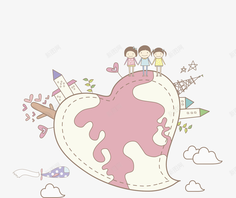 心型地球村png免抠素材_新图网 https://ixintu.com 创意 卡通 商务 地球 心型 手绘 插图 清新 男女孩
