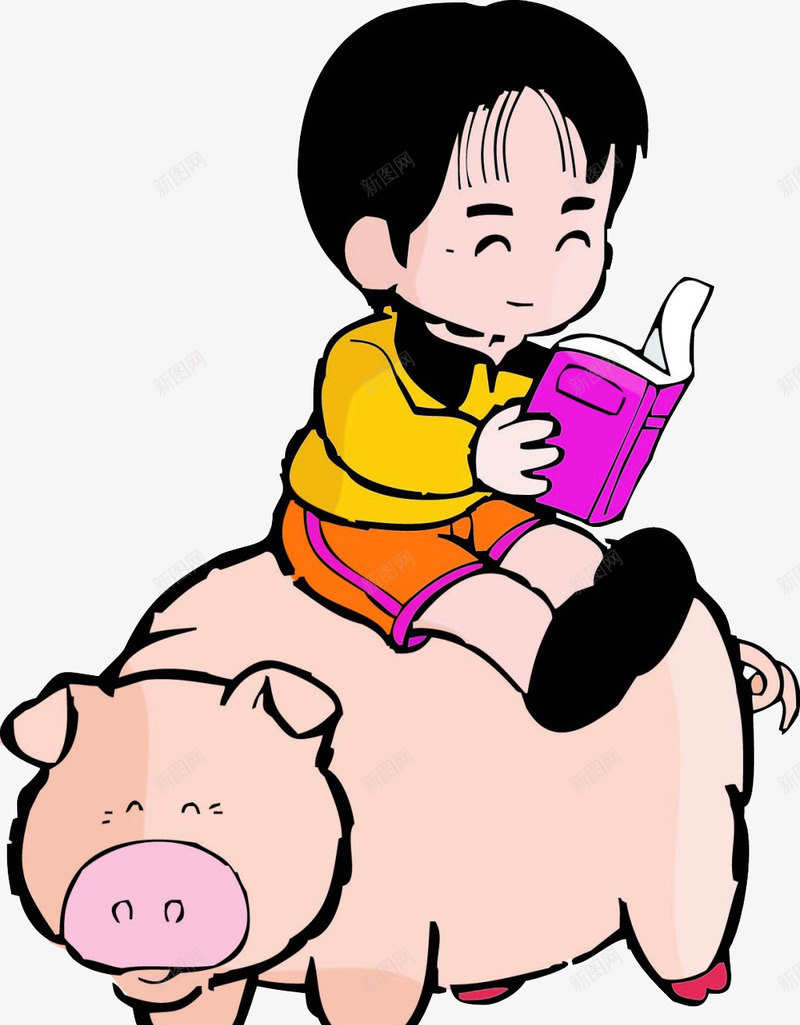 坐在猪背上看书的小女孩png免抠素材_新图网 https://ixintu.com 卡通女孩 可爱 小猪 黑色头发小女孩