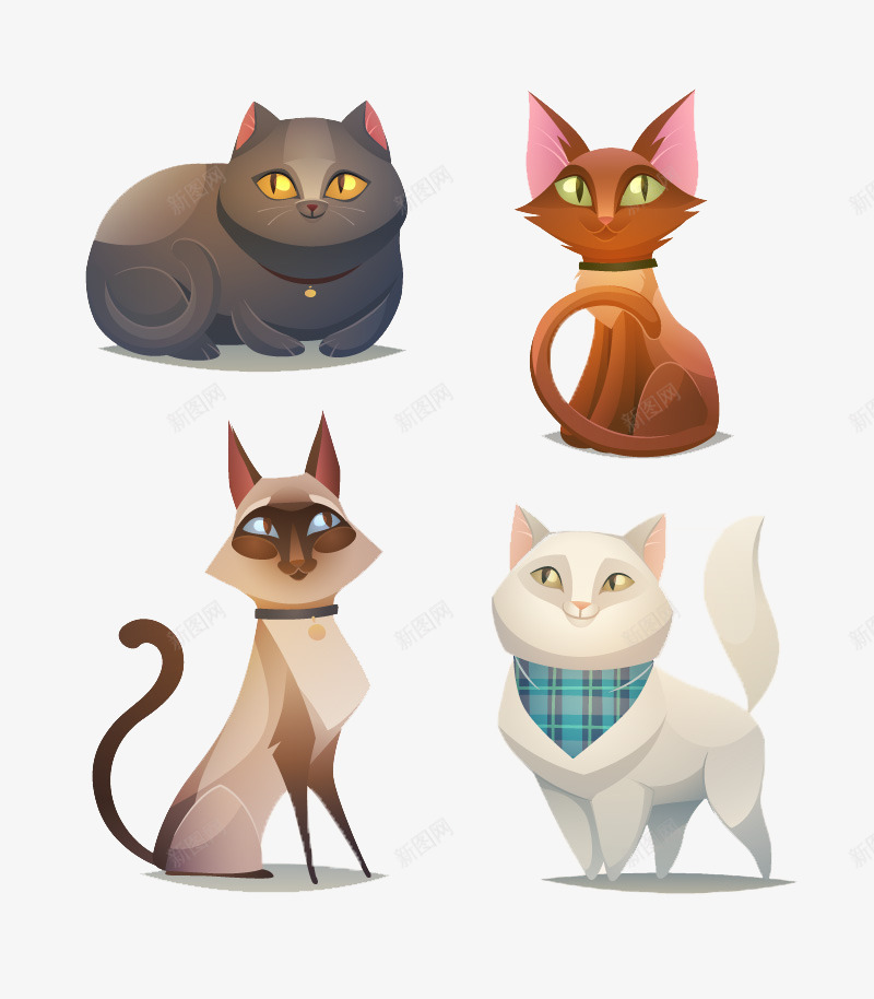 4款卡通猫咪png免抠素材_新图网 https://ixintu.com 暹罗猫 猫卡通 猫咪 白猫 黑猫
