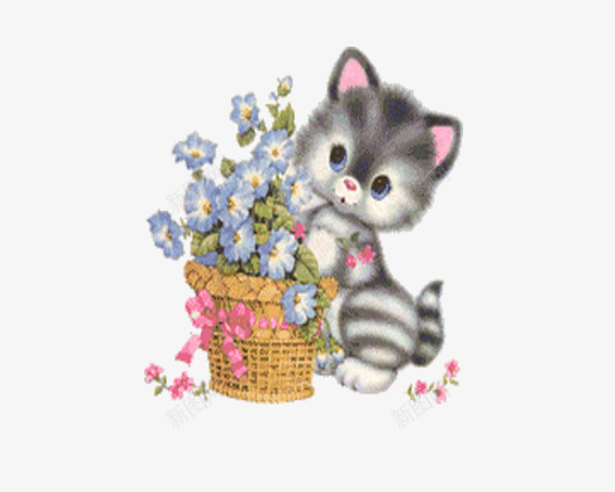 猫咪和花篮png免抠素材_新图网 https://ixintu.com 卡通动物 卡通猫 卡通花篮 灰色 猫 猫咪 白色 粉色 蓝色