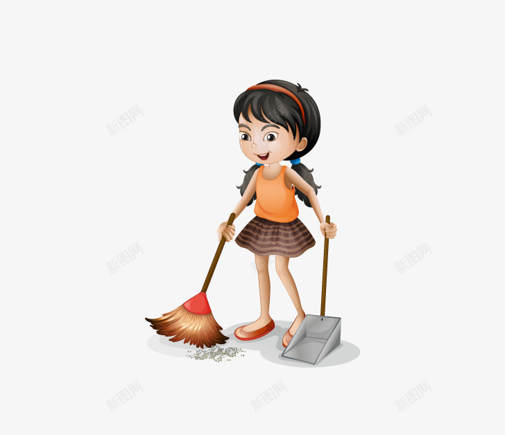 打扫卫生的女孩png免抠素材_新图网 https://ixintu.com 一个 卡通 女孩 手绘 打扫卫生 橘色 苕帚 黑色