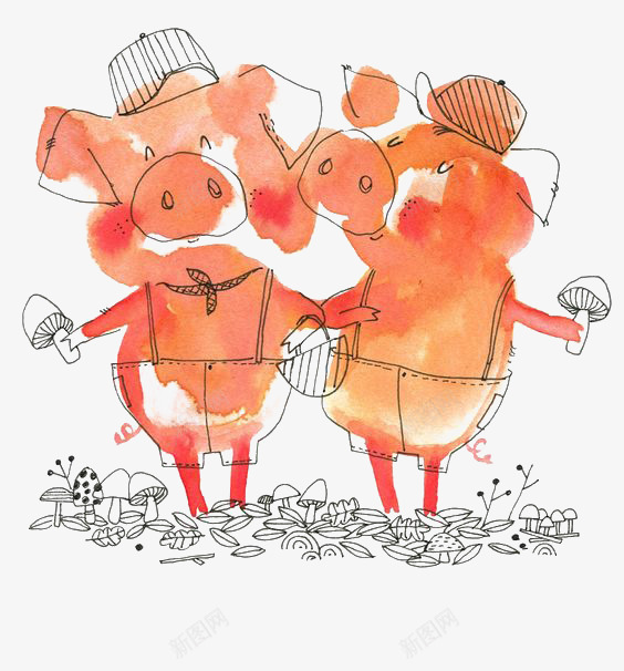 水彩小猪png免抠素材_新图网 https://ixintu.com 动物 卡通 小猪 手绘 插画 水彩 童话 线条