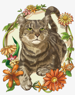 水彩绘花卉和猫咪猫咪矢量图高清图片
