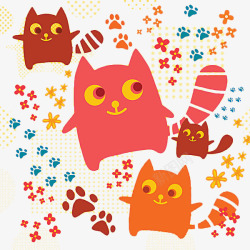 平铺动物底纹可爱的卡通猫咪和脚印底纹高清图片