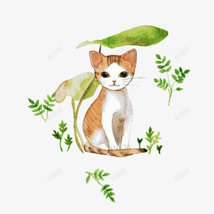 手绘猫psd免抠素材_新图网 https://ixintu.com 动物 卡通手绘猫咪 树叶 植物