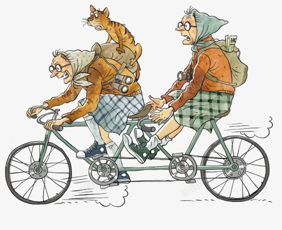 双人自行车png免抠素材_新图网 https://ixintu.com 卡通 双人骑 复古 手绘 插画 游玩 猫咪 老太太 老奶奶 老婆婆卡通 自行车