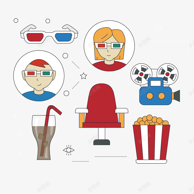 3D电影png免抠素材_新图网 https://ixintu.com 可乐 爆米花 眼镜 观众